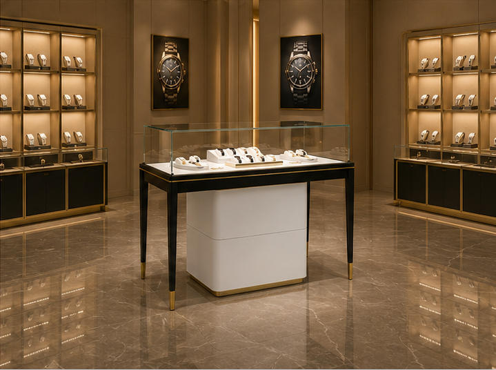 Real shot carbon slim timepiece unit placed on boutique sales counter