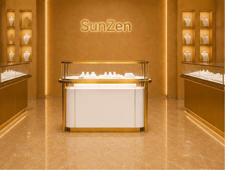 Front real shot of oval front jewelry counter boutique central display gold frame glass kiosk inside Sunzen fine jewelry retail boutique