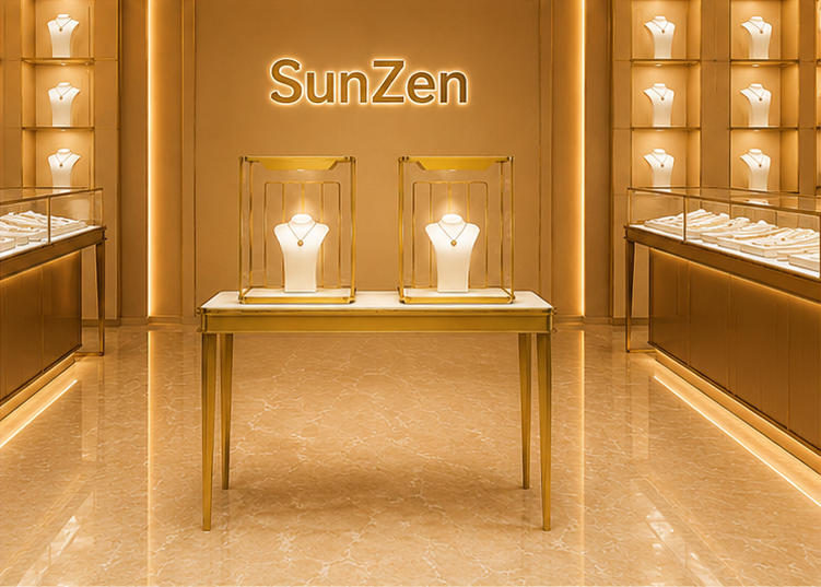 Front real shot of twin square glass jewelry cloche vertical glass vitrine boutique presentation desk inside Sunzen fine jewelry retail boutique