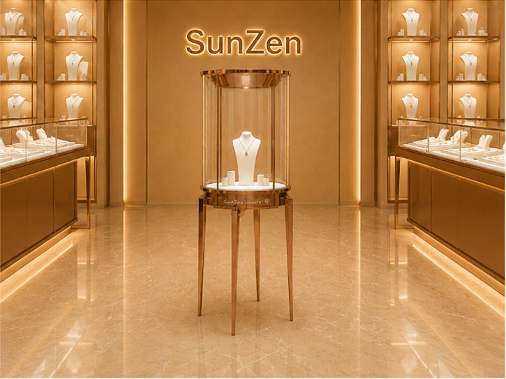 Front real shot of round glass jewelry tower central jewelry plinth inside Sunzen luxury jewelry boutique