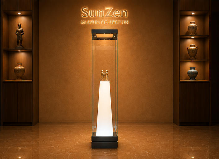 Front real shot of tapered plinth sculpture vitrine tall slim statue display tower inside Sunzen sculpture heritage museum exhibition hall
