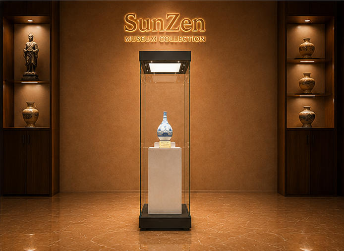 Front real shot of tall square glass plinth freestanding heritage vitrine square relic display tower inside Sunzen blue-and-white porcelain museum exhibition hall