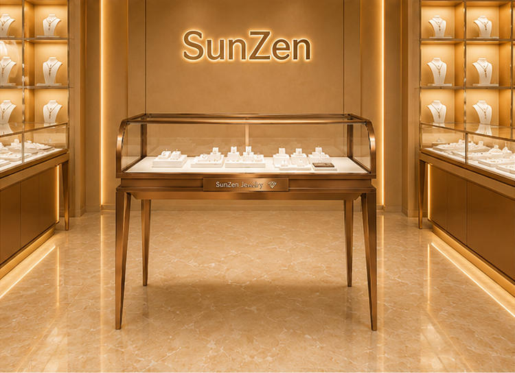 Front real shot of curved top rose gold horizontal jewel booth inside Sunzen fine jewelry retail boutique