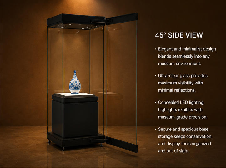 Close-up side swing glass access door, multi-point top recessed spotlights, white padded pedestal inside single vase vitrine swing glass booth