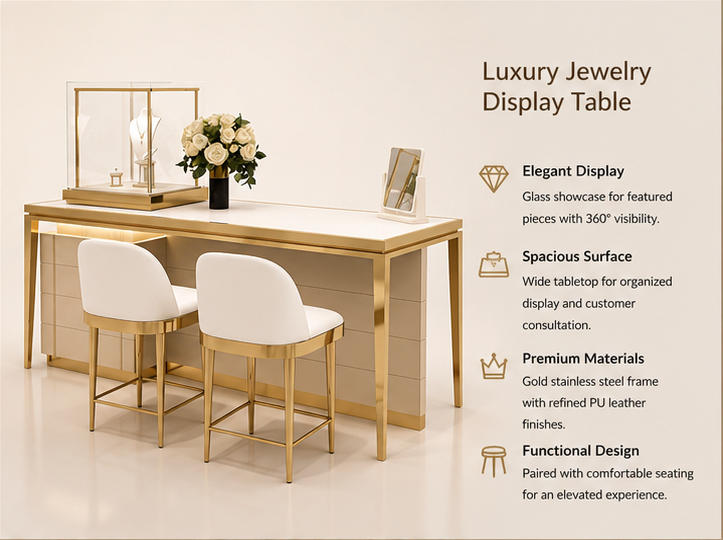 Close-up tabletop mini gold frame glass vitrine, recessed side cabinet ambient light, matching gold frame white upholstered stool inside gold consultation counter jewelry client booth