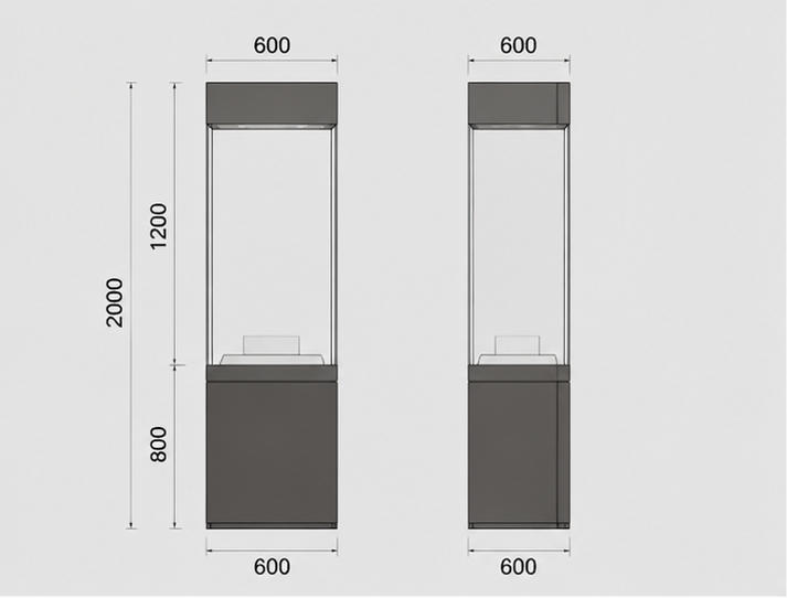 CAD layout tall black cube vitrine raised inner plinth booth full surround glass case top recess spot unit bronze artifact pedestal cabinet dimension drawing