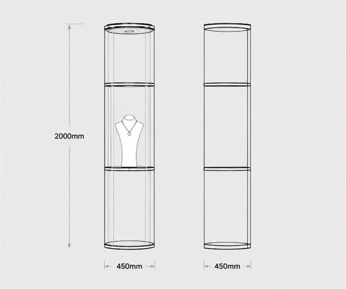 CAD layout drawing of tall cylinder jewelry tower gold rim glass pedestal vertical round vitrine dimension marking