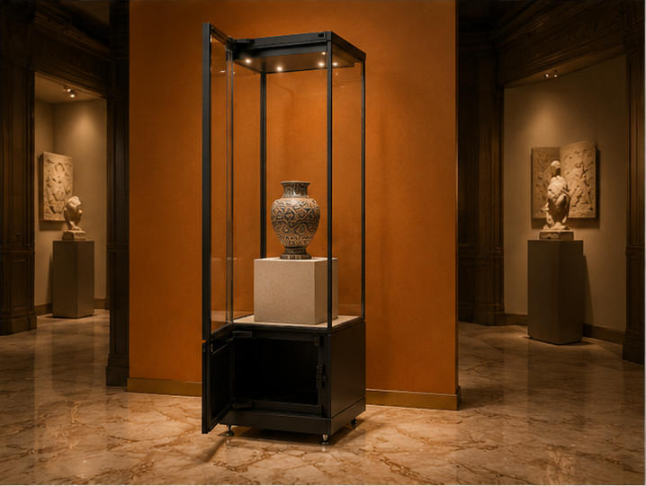 On-site Installation Shot Of Vertical Single Swing Museum Display Case Inside Sculpture Art Gallery