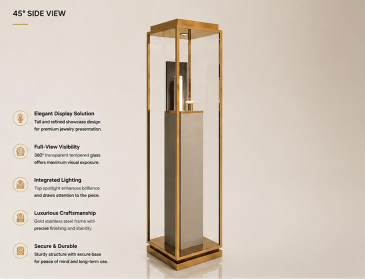 45 Degree Full Render of Gold Frame Two-Tone Vertical Slim Single Ornament Jewelry Tower
