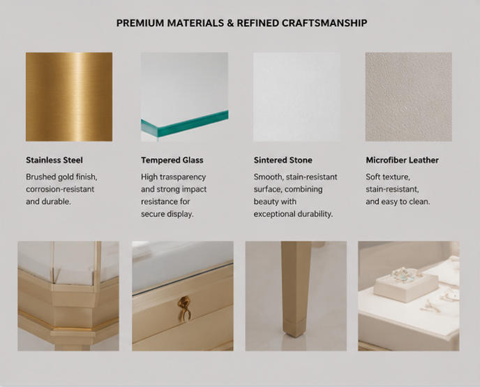 Close-up tapered gold leg, octagon curved glass frame and front drawer lock trim