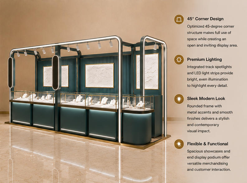 Teal Metal Frame Jewelry Kiosk LED Light Mall Pearl Retail Booth Render
