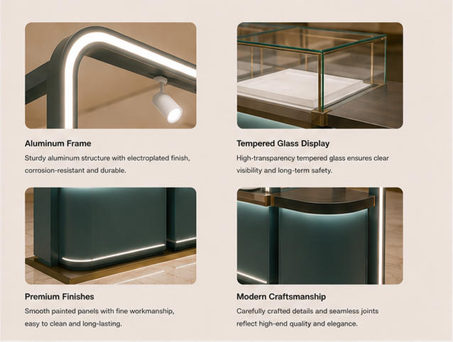 Teal Metal Frame, LED Light Strip & Multi Glass Counter Close-up Detail