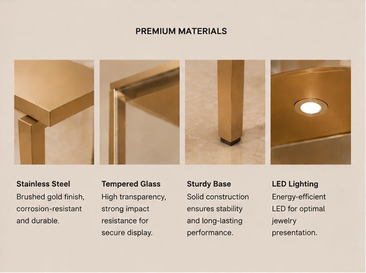 Close-up polished thin gold leg, vertical cube glass frame and flat tabletop surface