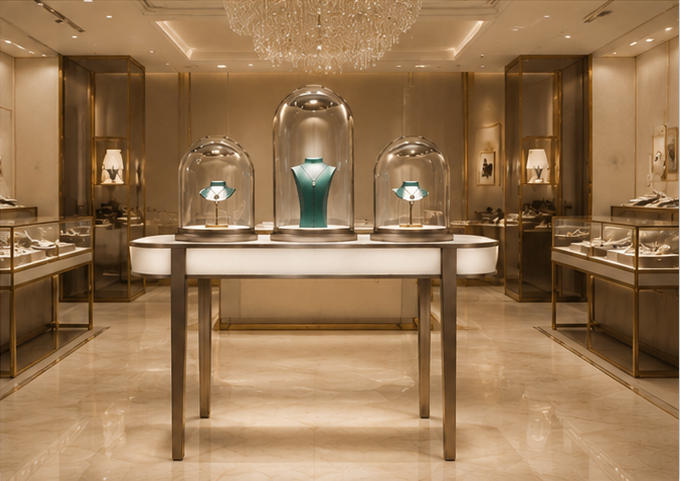 Three dome oval jewelry table placed inside light luxury jewelry boutique window