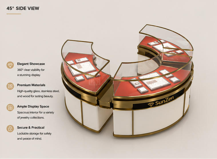 45 Degree Full Render of Three-Module Gold Frame Red Liner Open C-Ring Jewelry Central Showcase