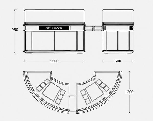 Jewelry Three-Segment C-Shaped Curved Display Counter CAD Drawing