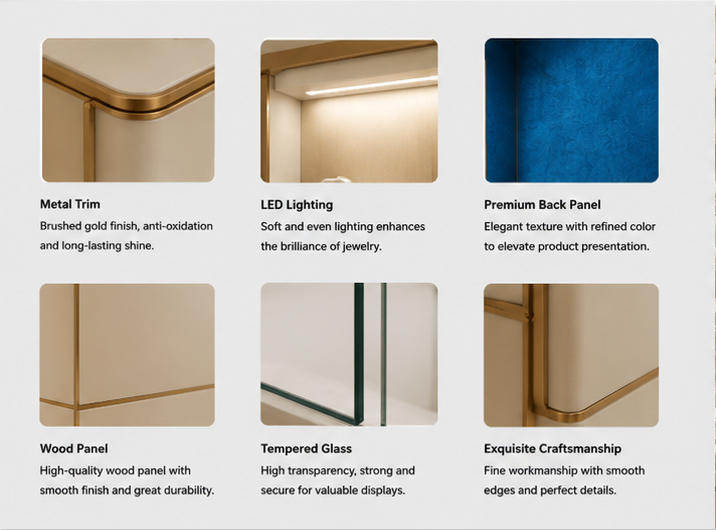 Material close-up triple horizontal band seamless matte cream wall panels, full thin polished gold dividing & border trim, low iron anti-reflection tempered glass for double gold frame vitrine blue velvet accent panel