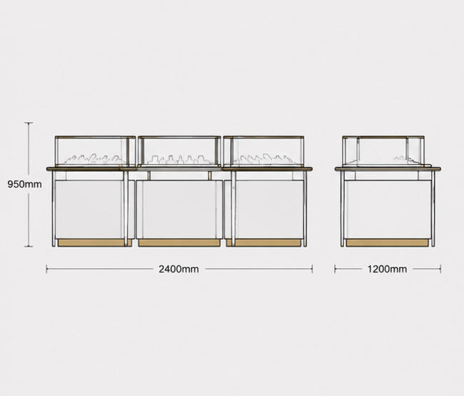 CAD layout drawing of three-unit curved modular jewelry island gold trim glass counter central jewelry kiosk dimension marking