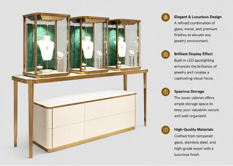 45 Degree Full Render of Gold Frame Green Backdrop Six Drawer Storage Jewelry Three-unit Display Console