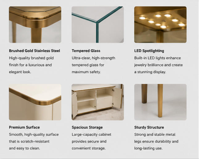 Material & Craft Close-up of Gold Frame Green Backdrop Six Drawer Storage Jewelry Three-unit Display Console