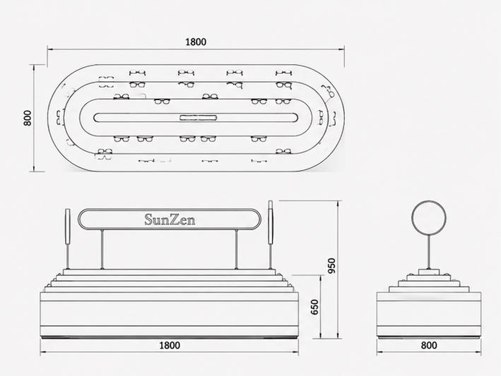 CAD drawing oval white gold tiered eyewear island multi-step shelf top backlit brand logo sign optical display counter