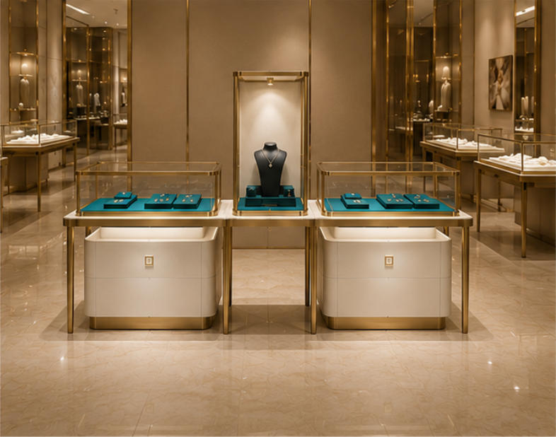 Tiered jewelry display set in use at a luxury jewelry boutique