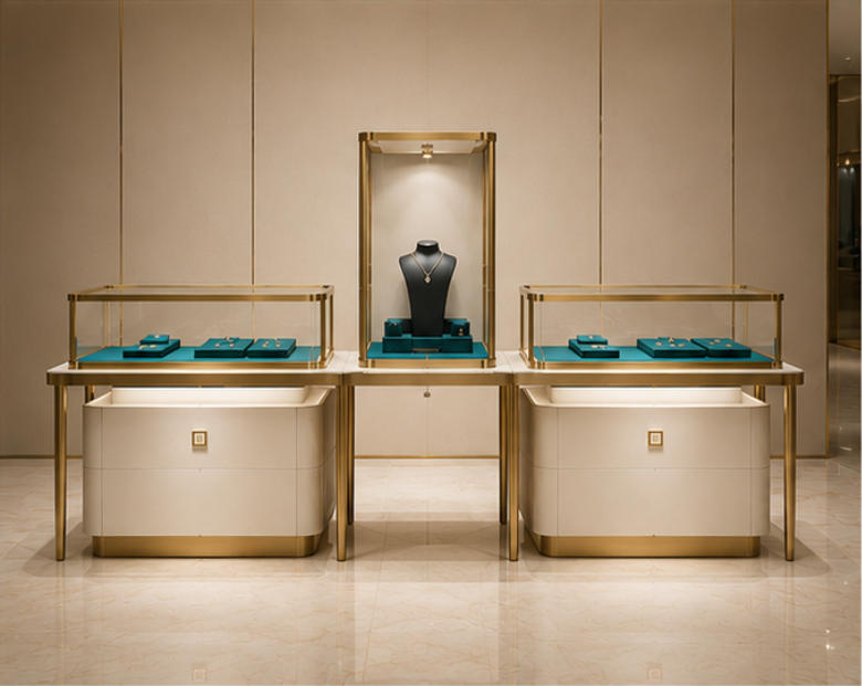 Complete tiered jewelry display set with central pedestal showcase and side counters