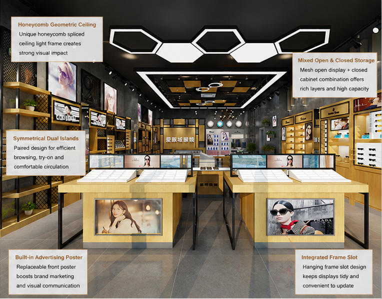 45° interior annotated render paired wood optical island mesh wall eyewear cabinet honeycomb ceiling optician shop feature labels