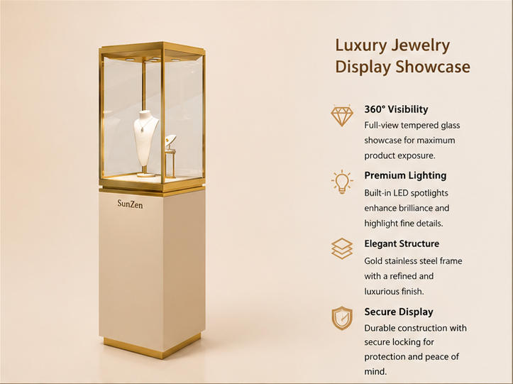 Close-up recessed top LED spotlights, white necklace bust stand, full gold four-sided UV glass enclosure inside cream square pedestal gold frame tower vitrine