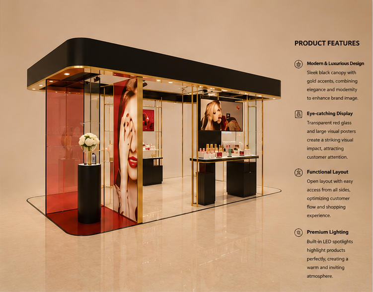 45° oblique view covered luxury makeup pavilion open glass skincare showcase feature labels