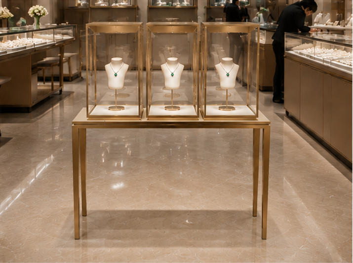Triple cube long gold leg display table placed inside light luxury jewelry boutique window