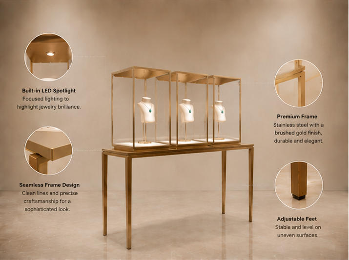 Structure diagram of four thin leg long table with three vertical cube glass pendant display compartments