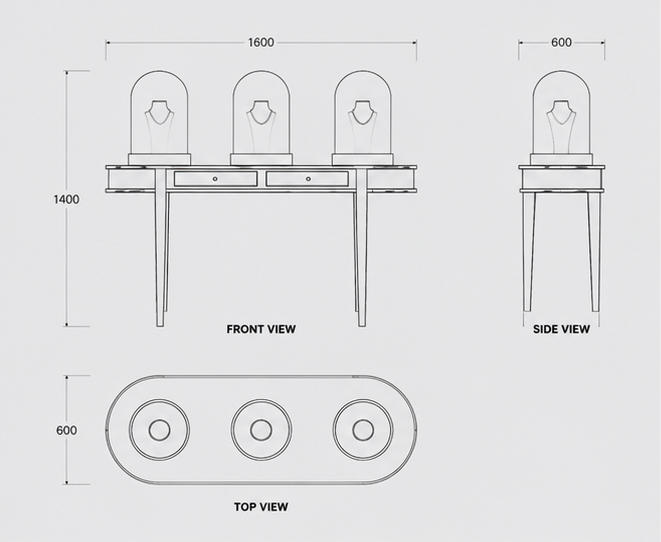 Jewelry Triple Dome Display Console CAD Structural Drawing