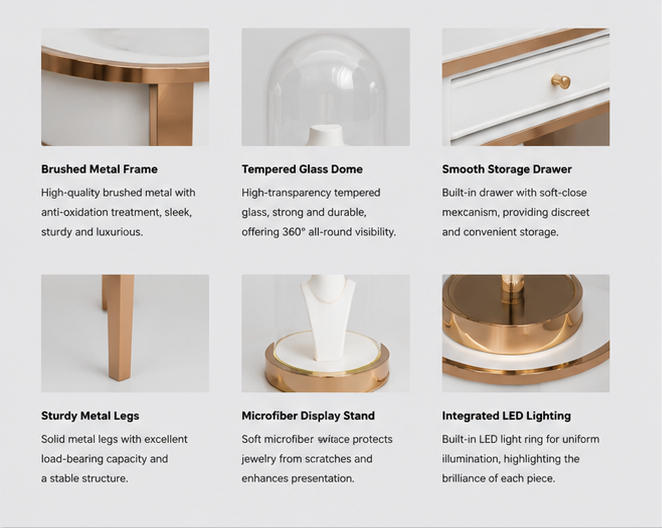 Material & Craft Close-up of Rose Gold Frame Two Drawer Oval Jewelry Triple Dome Display Console