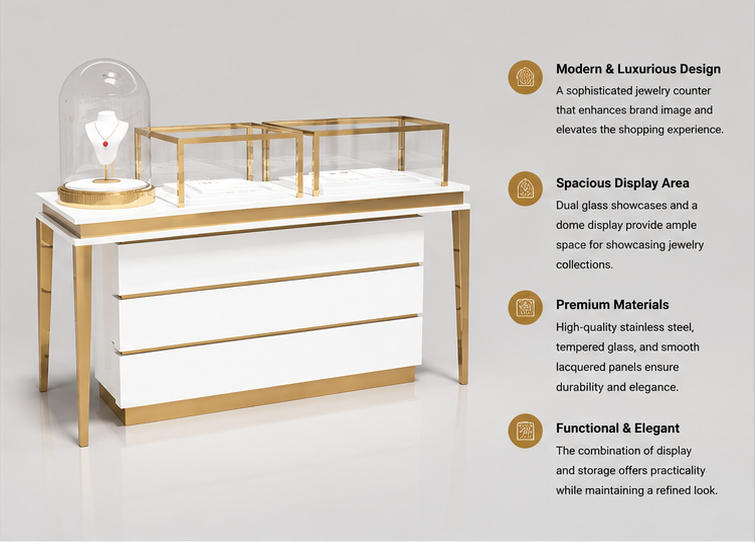 45 Degree Render of Gold Trim White Glass Jewelry Display Counter