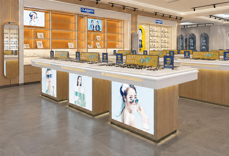 Full front render shot three-module combined backlit poster eyewear island inside modern optical boutique central aisle