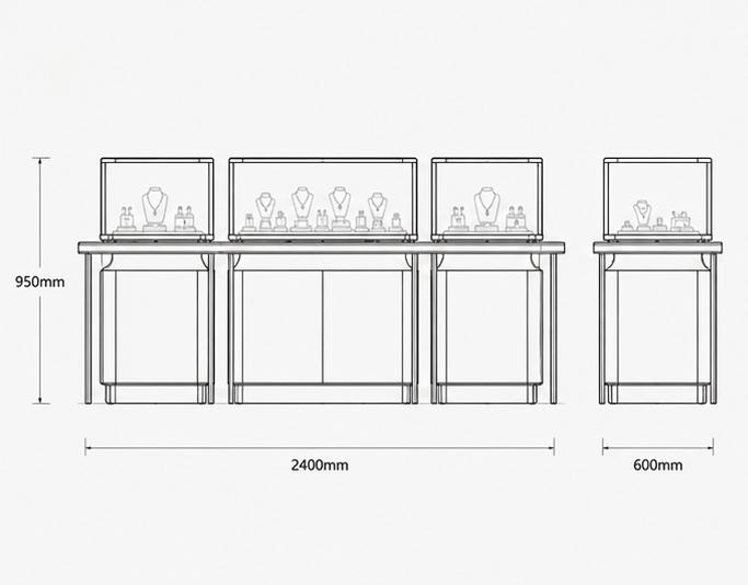 CAD drawing three nested size gold trim jewelry island cream leather cabinet thin gold leg frame enclosed glass jewelry booth