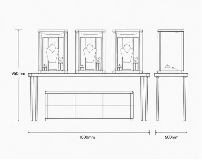 CAD drawing triple pedestal jewel booth green velvet jewelry stand gold frame display table white storage drawer cabinet