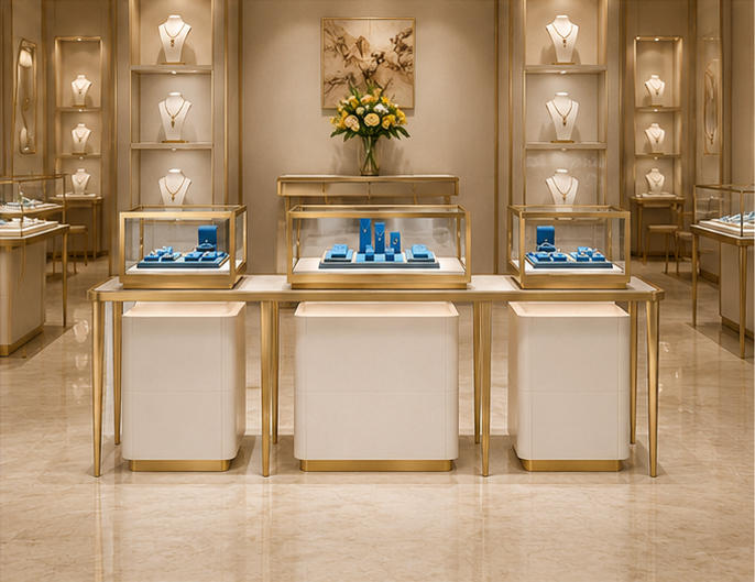 Triple jewelry display table applied in a luxury jewelry boutique