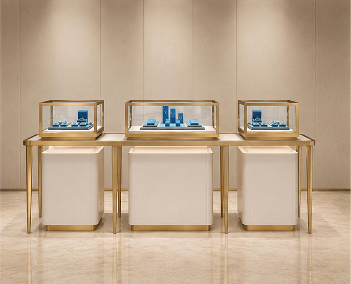 Triple jewelry display table with three glass cases, linear gold frame, and symmetrical design