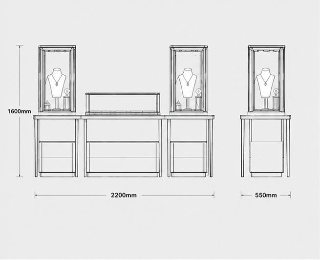 CAD drawing tower jewel pedestal upright glass tower linking island frame triple base cabinet mixed jewelry set dimension layout