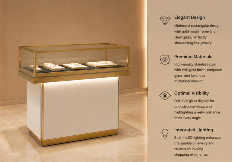 45 render dual jewel counter gold trim glass case cream base cabinet black velvet liner linked display unit feature labels