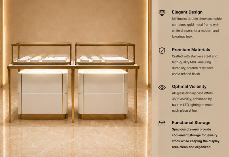 45 render paired jewel counter thin leg glass case split base cabinet twin display island light gold kiosk set feature labels