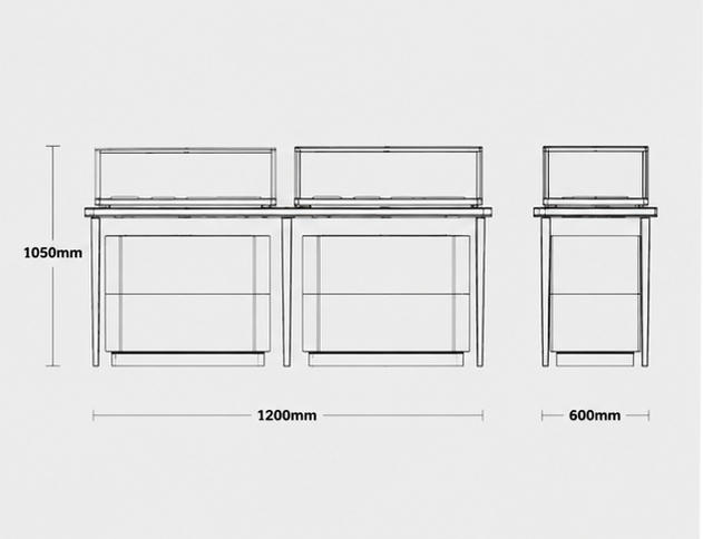 CAD drawing paired jewel counter twin display island thin leg glass case split base cabinet light gold kiosk set dimension layout
