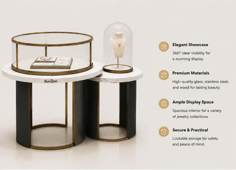 45 Degree Full Render of Dual Height Marble Vein Gold Cylinder Base Combined Round Jewelry Showcase Set