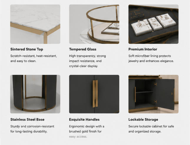 Material & Craft Close-up of Dual Height Marble Vein Gold Cylinder Base Two-Piece Jewelry Round Display Table Set