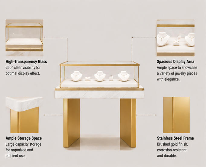 Structural diagram of two-plinth flat leg jewelry counter with marble band and enclosed glass display zone