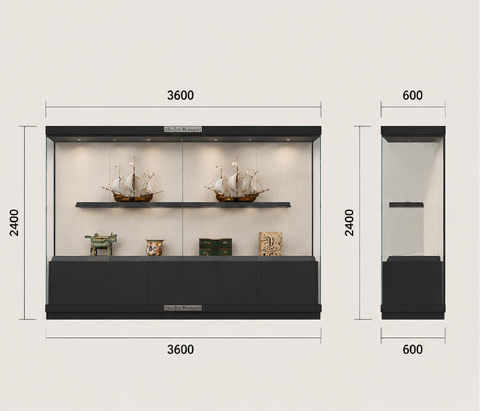 CAD layout two-tier marine vitrine raised shelf boat booth dark frame dual-level case long double deck exhibit unit maritime artifact display cabinet dimension drawing