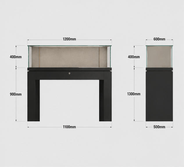 CAD layout u frame ceramic vitrine linen backdrop artifact booth open leg pottery case single layer vase display unit hollow base heritage cabinet dimension drawing
