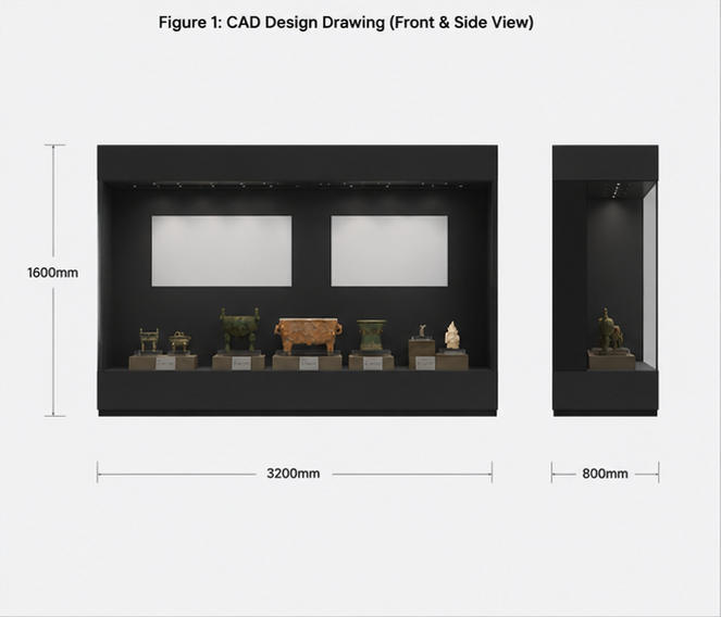 CAD drawing UV blocking artifact case freestanding archival vitrine single relic display plinth aluminum museum kiosk dimension layout